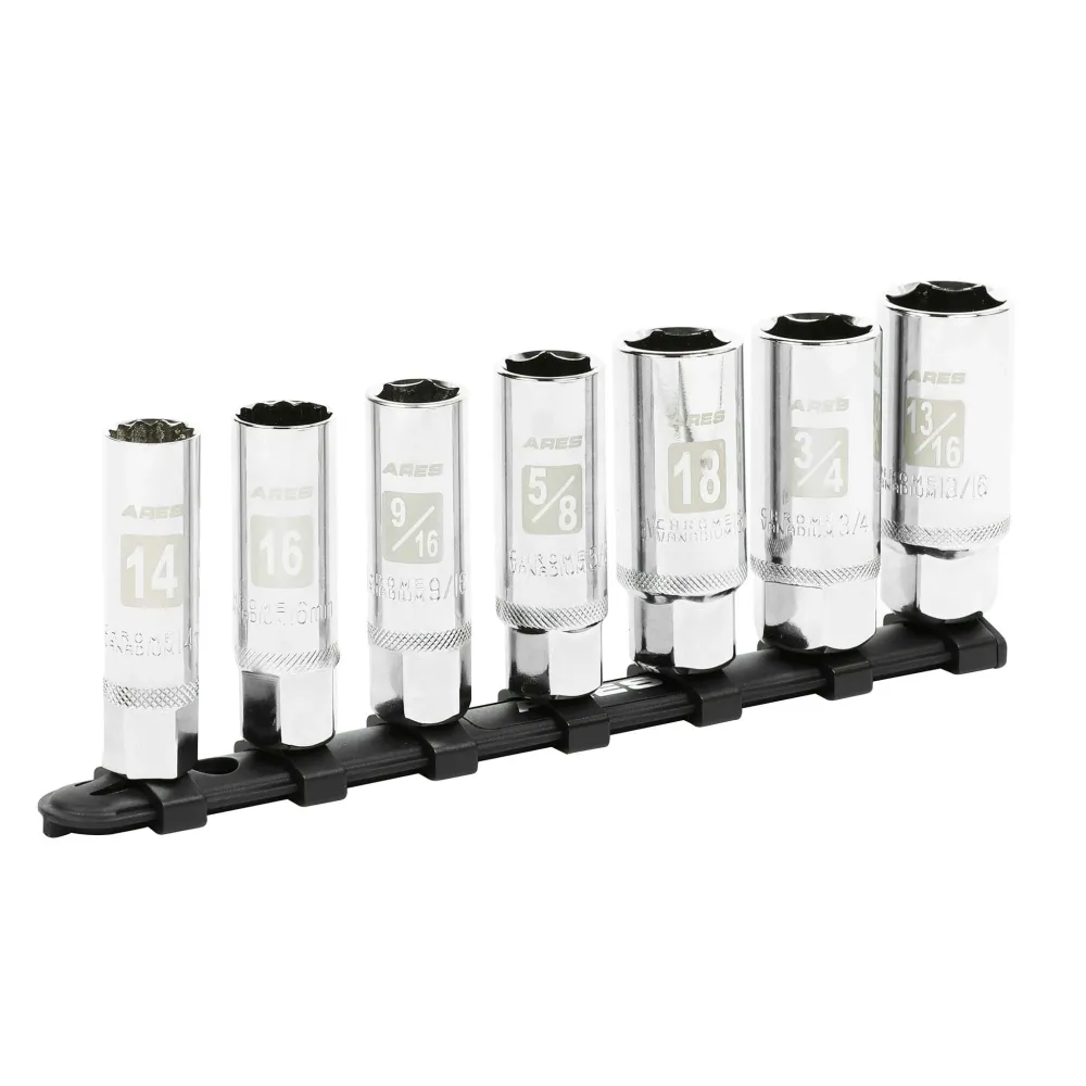 ARES 11070 - Juego de 7 vasos para bujías no magnéticos en Caja de Herramientas de Plástico