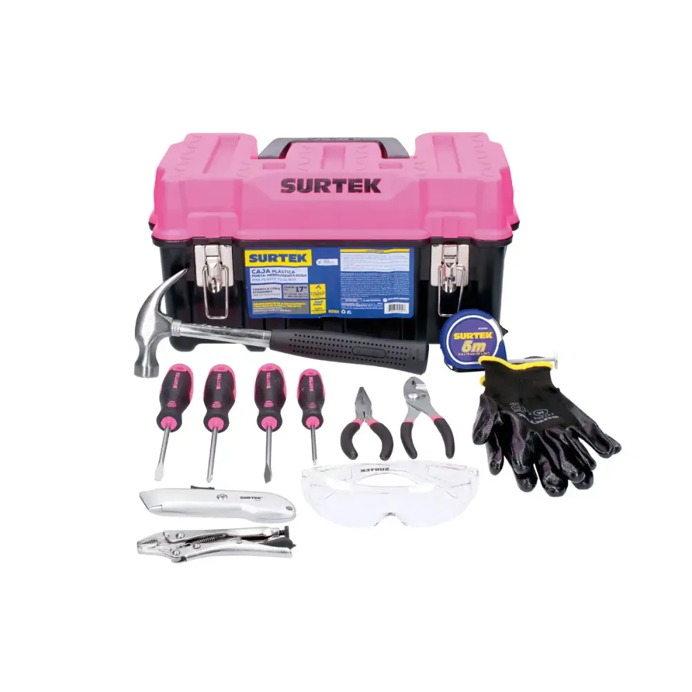 Juego de herramientas basicas con caja plástica rosa 13 piezas | 72 Piezas |